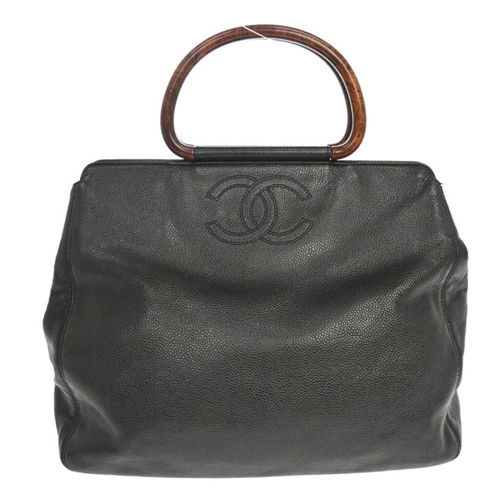 Chanel Vintage Wooden Ring Tote Caviar Black Leather Tote Bag Bag